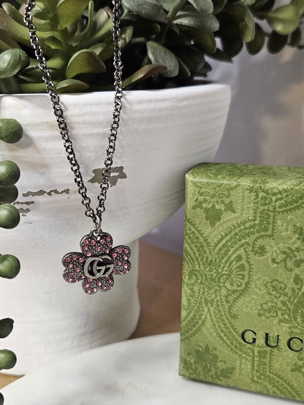 💕 Upcycled GG Flower Pendant w/ Pink Crystals Necklace